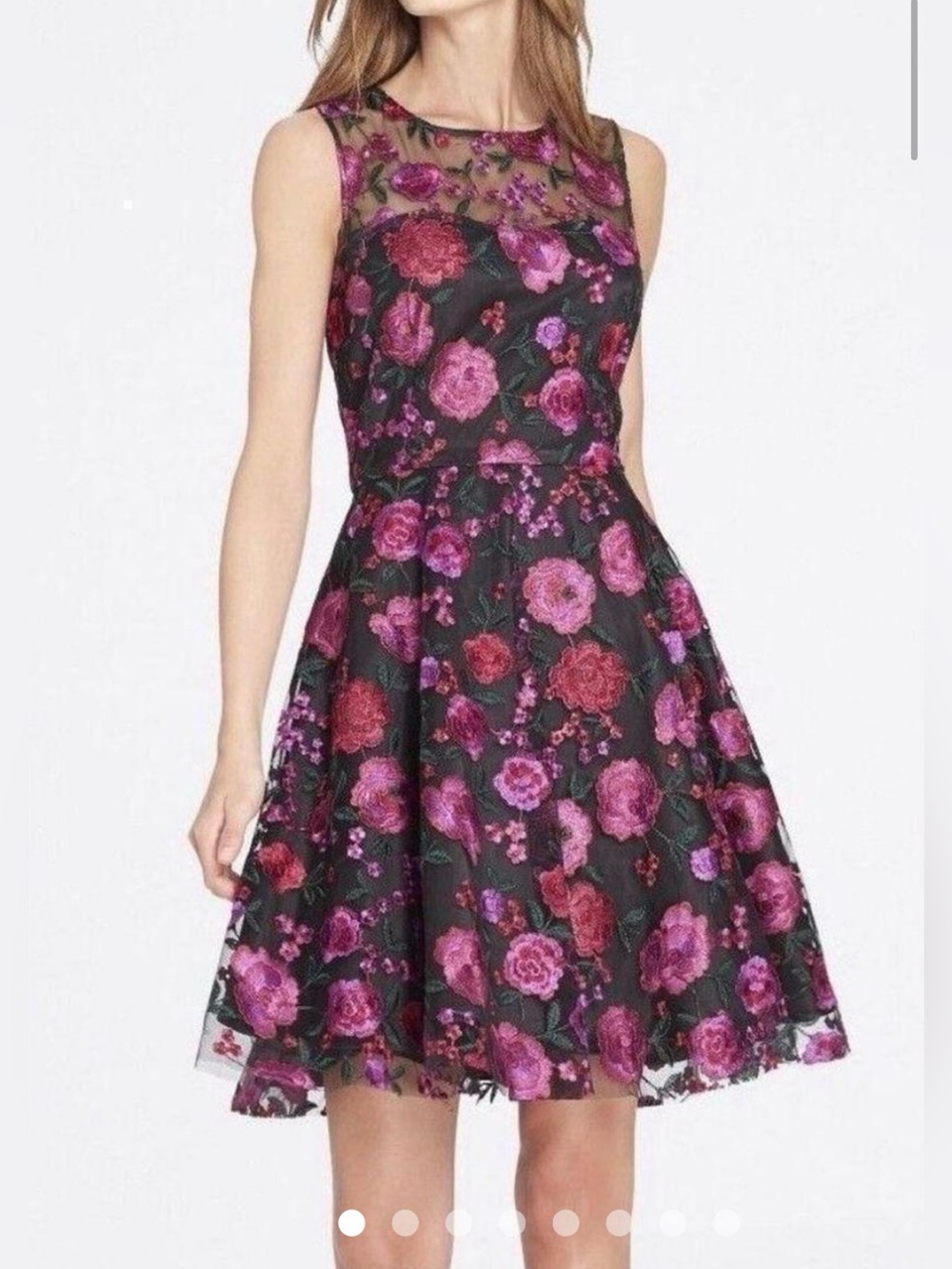 Tahari Black Sleeveless Floral Fit & Flare Dress with Pink Embroidery